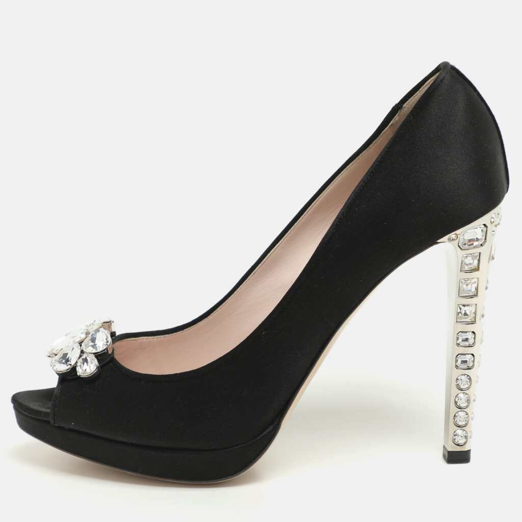luxury-women-miu-miu-used-shoes-p1142441-006 Miu Miu Black Satin Crystal Embellished Peep Toe Pumps Size 40