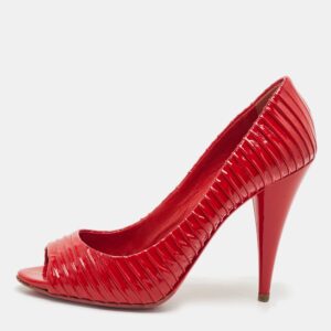 miu miu red patent leather pleated peep toe pumps size 37.5