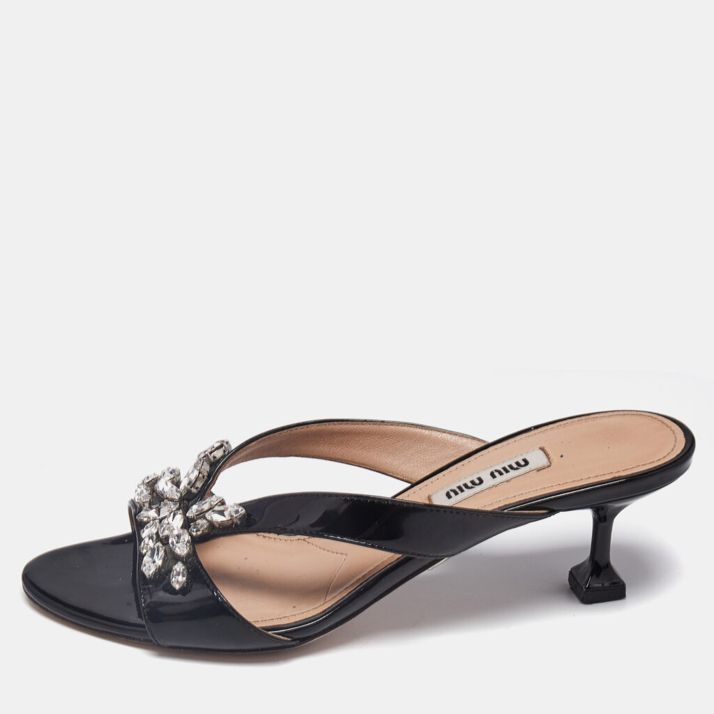 Miu Miu Black Patent Leather Crystal Embellished Slide Sandals Size 36