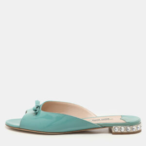 Miu Miu Mint Green Patent Leather Bow Crystal Embellished Heel Flat Slides Size 37