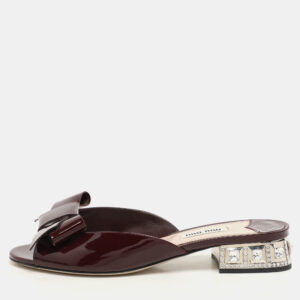 miu miu burgundy patent leather bow crystal embellished heel slide sandals size 37