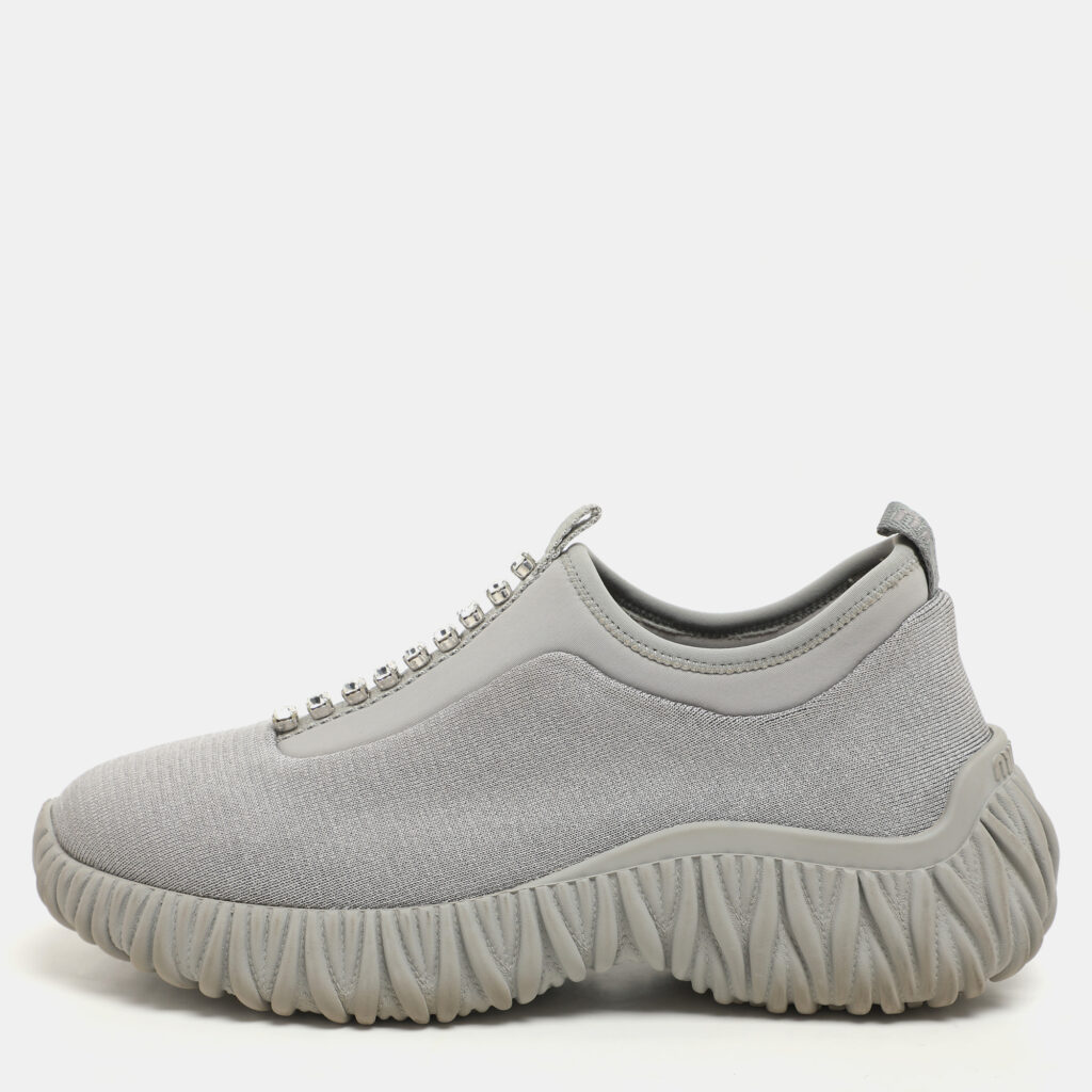 luxury-women-miu-miu-used-shoes-p1146039-007 Miu Miu Grey Stretch Knit Crystal-Embellished Slip-On Sneakers 36.5