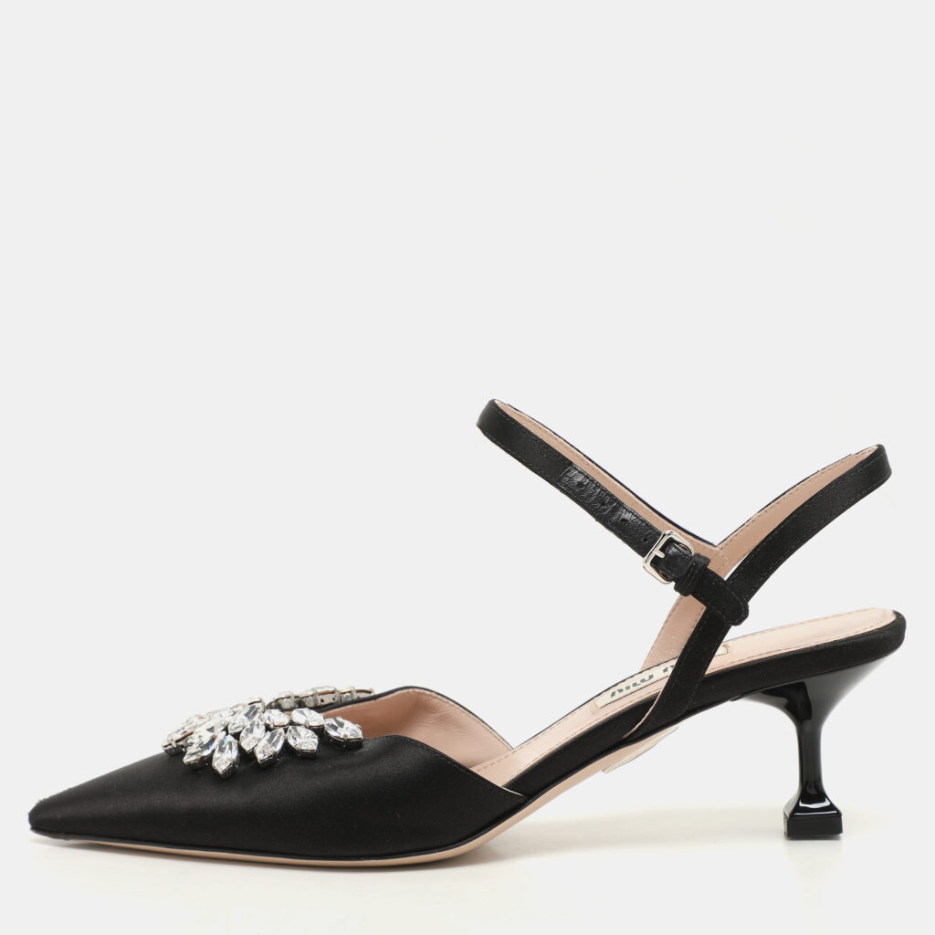 luxury-women-miu-miu-used-shoes-p1146090-006 Miu Miu Black Satin Crystal Embellished Kitten Heel Ankle Strap Pumps Size 36.5