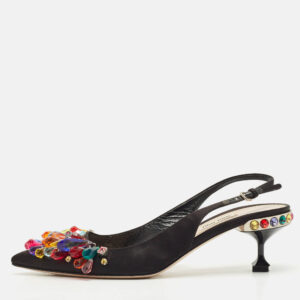 Miu Miu Black Satin Crystal Embellished Slingback Pumps Size 38