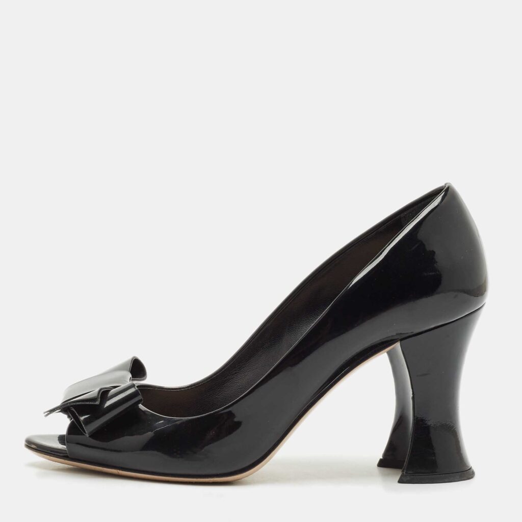 luxury-women-miu-miu-used-shoes-p1148868-003 Miu Miu Black Patent Leather Bow Peep Toe Pumps Size 38
