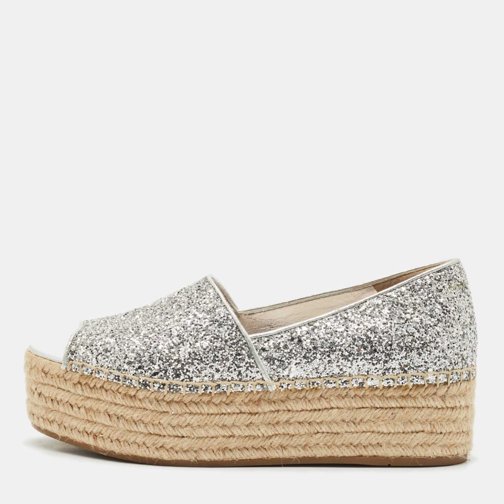 luxury-women-miu-miu-used-shoes-p1148927-003.jpg Miu Miu Silver Glitter Platform Espadrille Flats Size 39