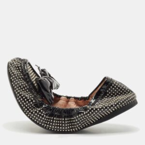 Miu Miu Black Patent Leather Studded Bow Scrunch Ballet Flats Size 38.5
