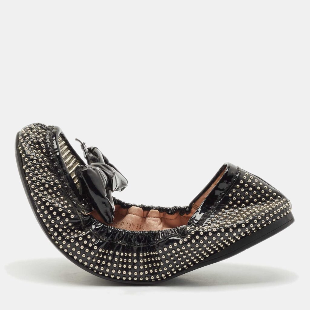 luxury-women-miu-miu-used-shoes-p1149304-003 Miu Miu Black Patent Leather Studded Bow Scrunch Ballet Flats Size 38.5
