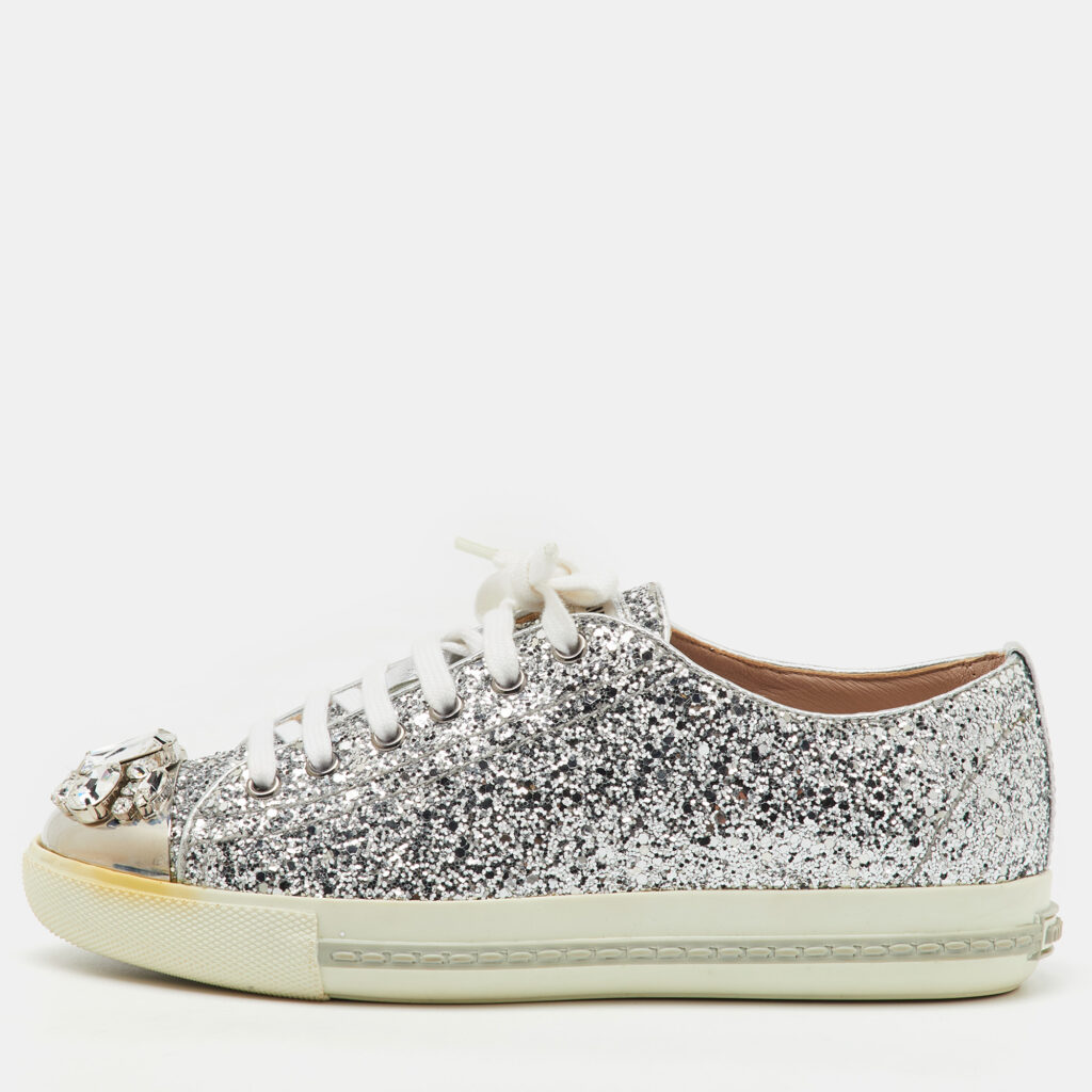 luxury-women-miu-miu-used-shoes-p1149639-008.jpg Miu Miu Silver Glitter Crystal Embellished Lace Up Sneakers Size 37.5