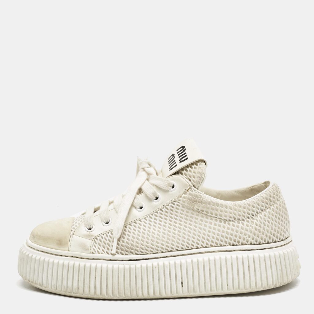 Miu Miu White Leather and Mesh Platform Sneakers Size 37.5