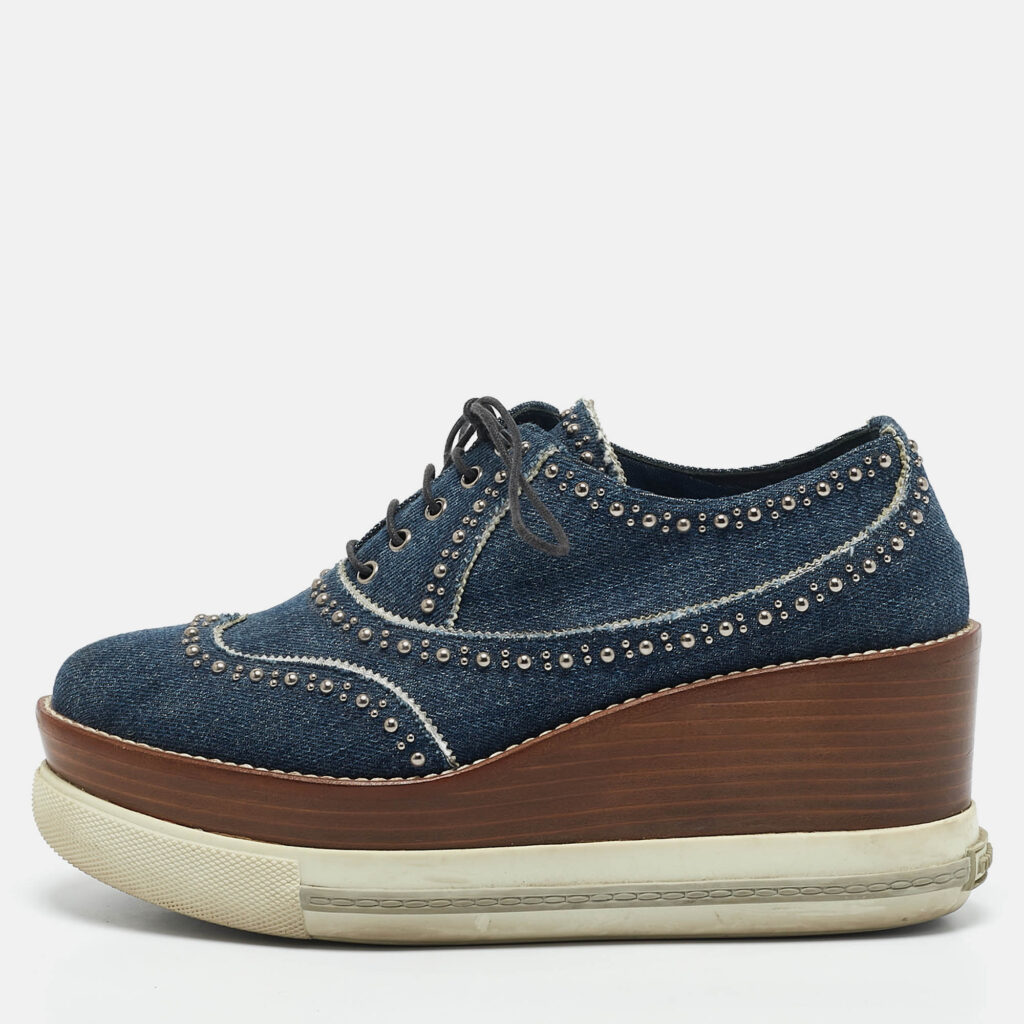 luxury-women-miu-miu-used-shoes-p1150361-010 Miu Miu Blue Denim Wedge Platform Oxfords Size 38.5