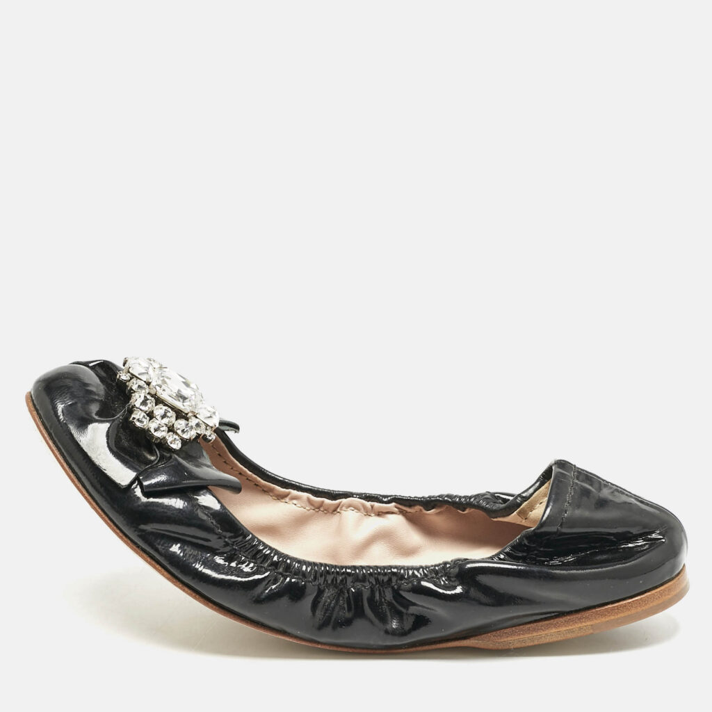 luxury-women-miu-miu-used-shoes-p1151858-010 Miu Miu Black Patent Leather Crystal Embellished Scrunch Ballet Flats Size 38