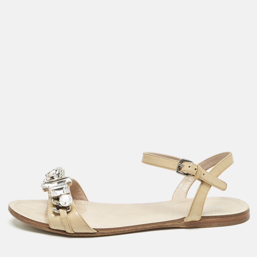 luxury-women-miu-miu-used-shoes-p1152487-010 Miu Miu Beige Patent Leather Cipraia Crystal Ankle Strap Flat Sandals Size 37.5