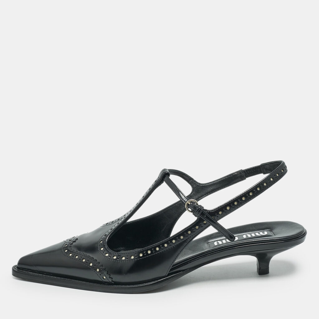 luxury-women-miu-miu-used-shoes-p1154088-004 Miu Miu Black Leather Pointed Toe Slingback Pumps Size 39