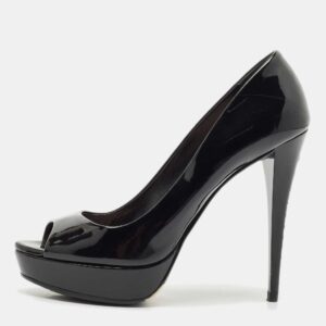Miu Miu Black Patent Leather Crystal Embellished Heel Peep Toe Pumps Size 38
