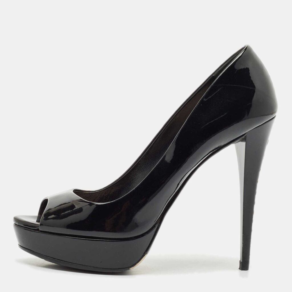 Miu Miu Black Patent Leather Crystal Embellished Heel Peep Toe Pumps Size 38