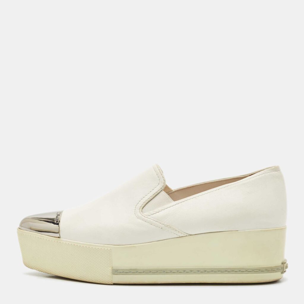 luxury-women-miu-miu-used-shoes-p1154363-003 Miu Miu White Leather Metal Cap Toe Platform Slip On Sneakers Size 37