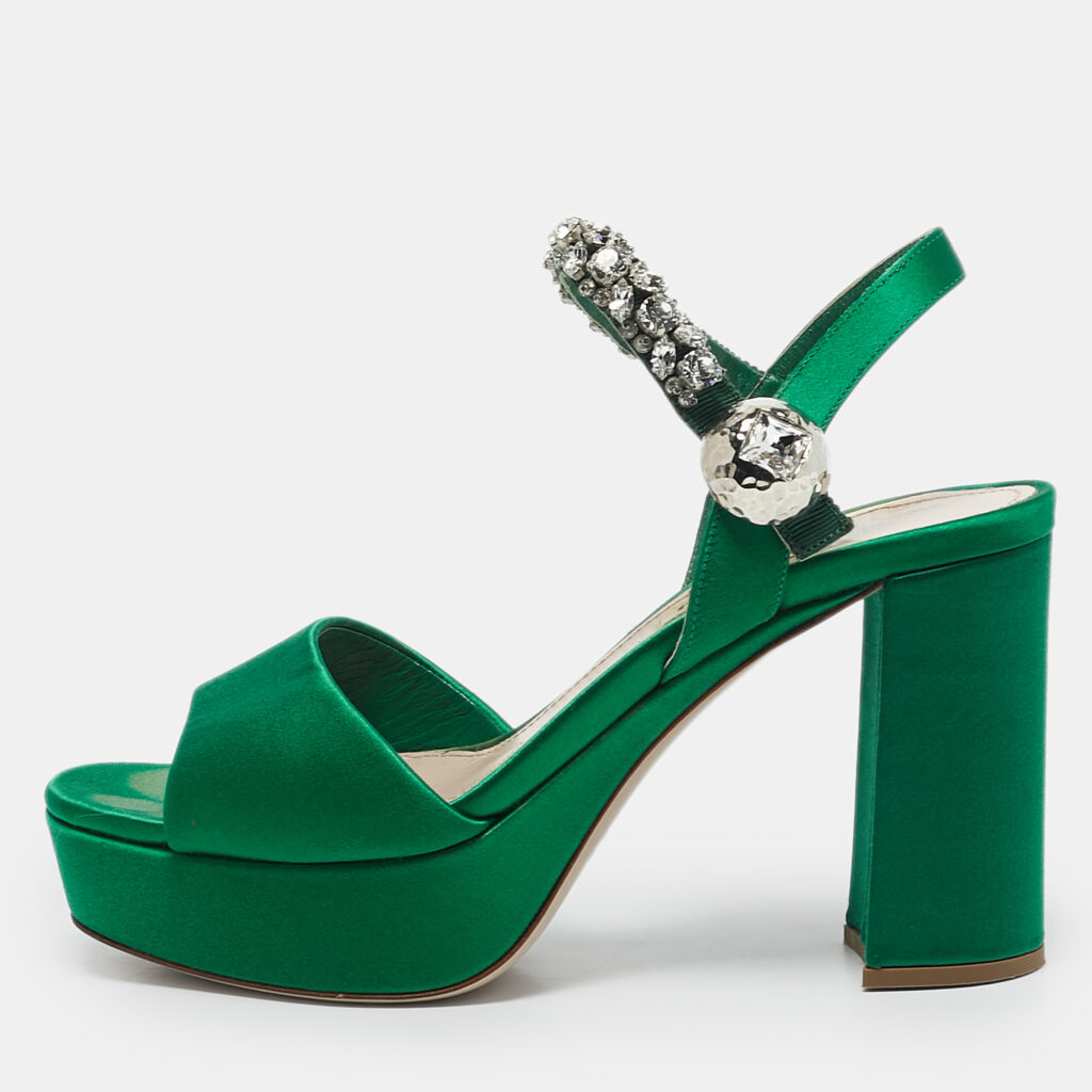 luxury-women-miu-miu-used-shoes-p1155438-008 Miu Miu Green Satin Crystal Embellished Ankle Strap Block Heel Platform Sandals Size 38