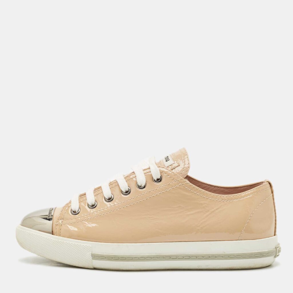 luxury-women-miu-miu-used-shoes-p1155759-003.jpg Miu Miu Beige Patent Leather Metal Cap Toe Low Top Sneakers Size 38.5