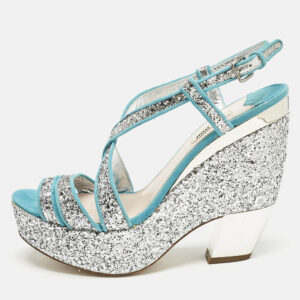 Miu Miu Blue/Silver Glitter and Suede Platform Sandals Size 41