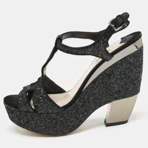 Miu Miu Black Glitter Wedge Slingback Sandals Size 41