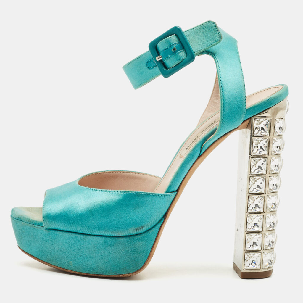 luxury-women-miu-miu-used-shoes-p1158798-001 Miu Miu Green Satin Crystal Embellished Heel Ankle Strap Sandals Size 37
