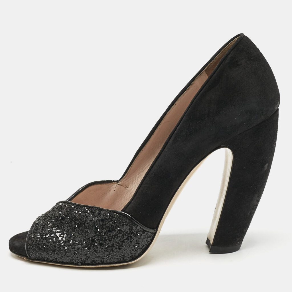 luxury-women-miu-miu-used-shoes-p1160021-006 Miu Miu Black Glitter and Suede Curved Peep Toe Pumps Size 37.5