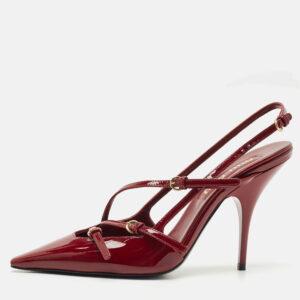miu miu burgundy patent leather pointed toe buckle slingback pumps size 37.5