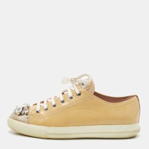 Miu Miu Beige Patent Leather Crystal Embellished Cap Toe Sneakers Size 39.5