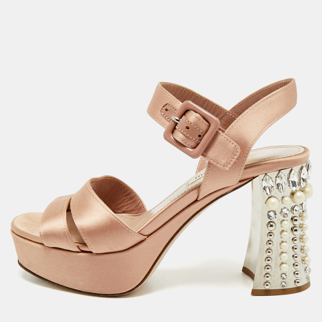 luxury-women-miu-miu-used-shoes-p1170279-002 Miu Miu Pink Satin Crystal Embellished Heel Platform Sandals Size 35