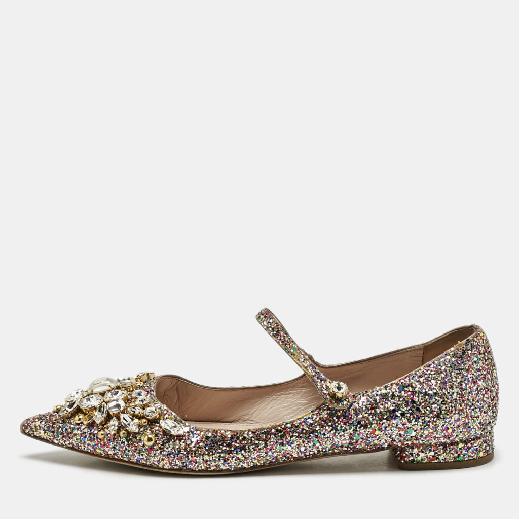luxury-women-miu-miu-used-shoes-p1170396-001 Miu Miu Multicolor Glitter Mary Jane Crystals Ballet Flats Size 37.5