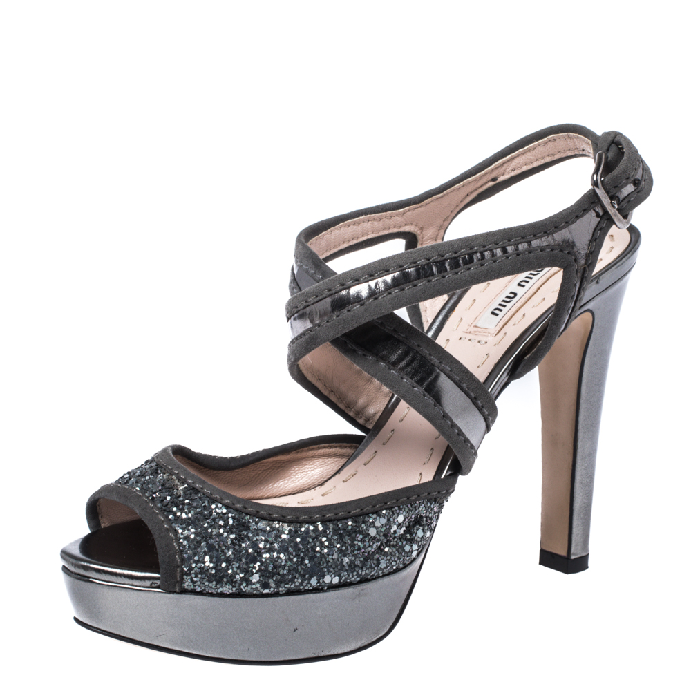 luxury-women-miu-miu-used-shoes-p357811-003 Miu Miu Metallic Grey Glitter And Suede Leather Trim Cross Strap Peep Toe Platform Sandals Size 37.5