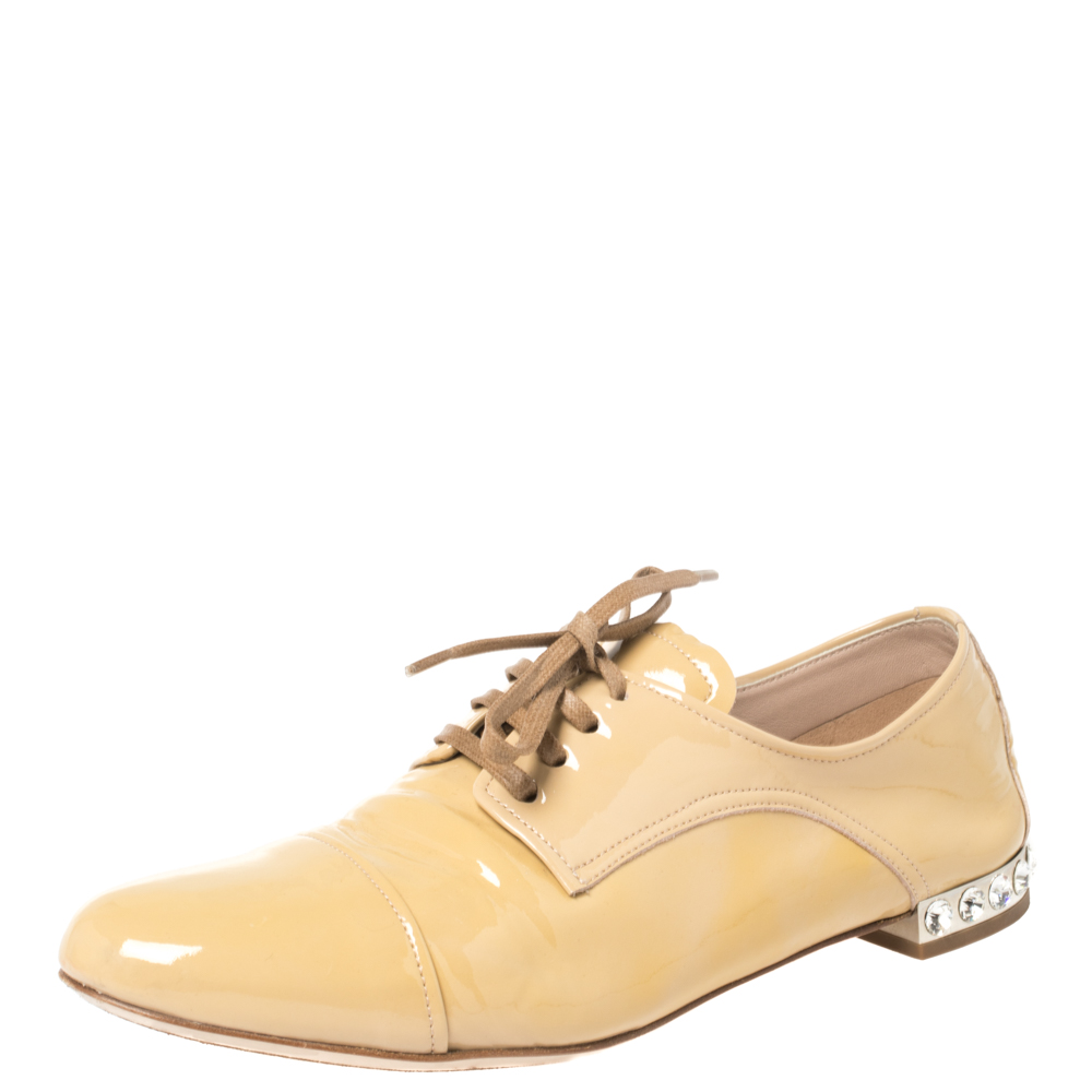 luxury-women-miu-miu-used-shoes-p365849-007 Miu Miu Beige Patent Leather Crystal Embellished Heel Lace Derby Size 36
