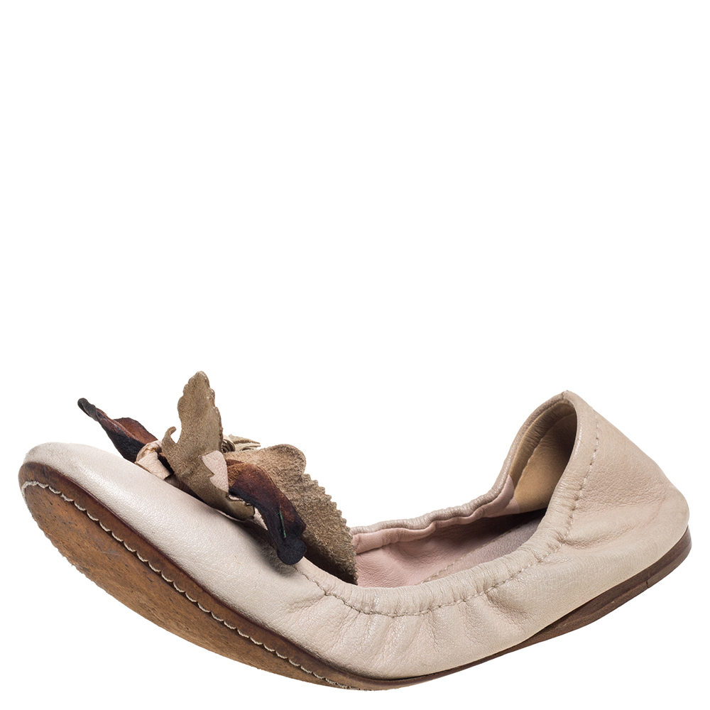 luxury-women-miu-miu-used-shoes-p394783-003 Miu Miu Beige Leather Embellished Flats Size 38