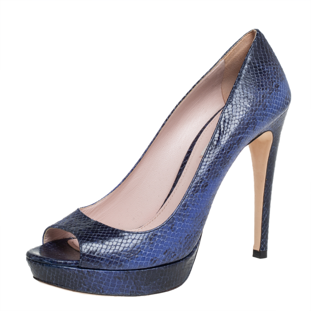 luxury-women-miu-miu-used-shoes-p399370-003 Miu Miu Blue/Black Python Embossed Leather Peep Toe Platform Pumps Size 39.5