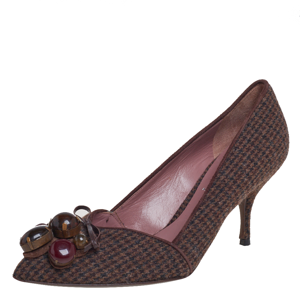 luxury-women-miu-miu-used-shoes-p402428-003 Miu Miu Vintage Brown Wool Houndstooth Enamel Embellished Work Pumps Size 36