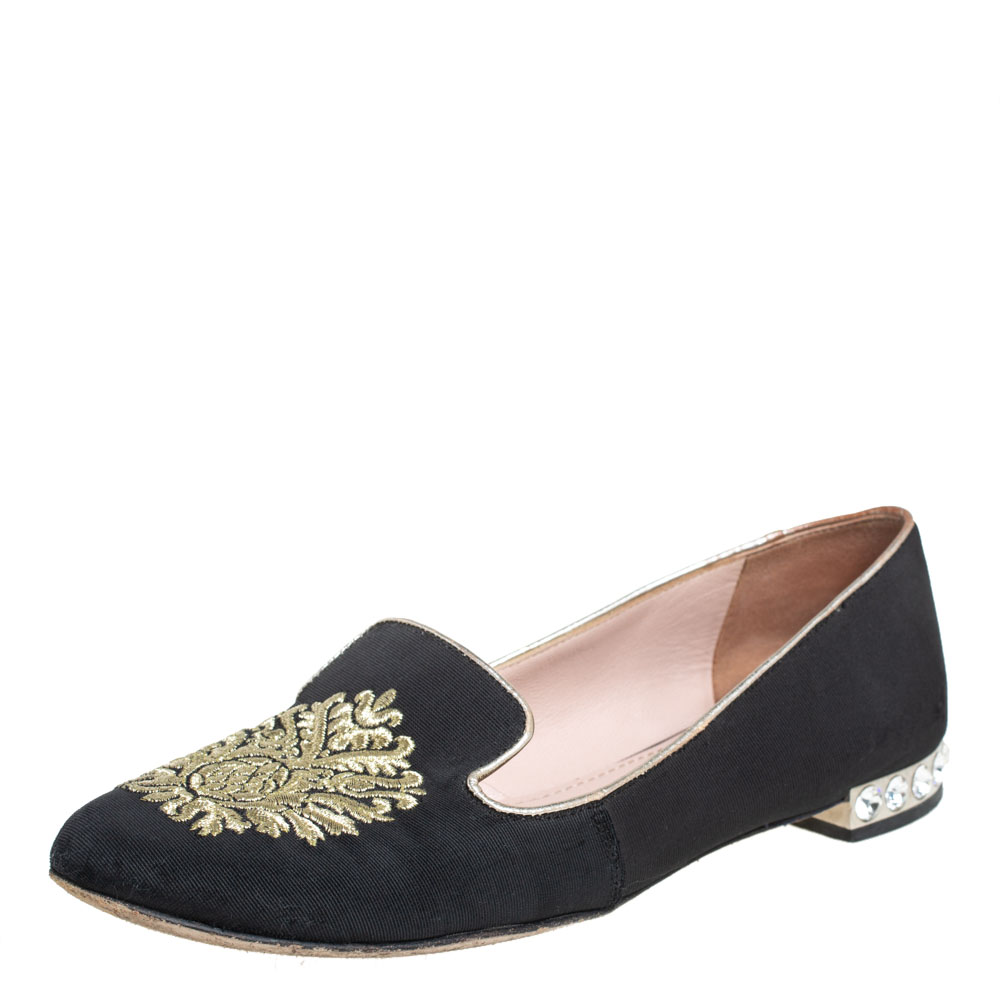 luxury-women-miu-miu-used-shoes-p404929-003 Miu Miu Black Canvas Embroidered Crystal Embellished Smoking Slippers Size 36
