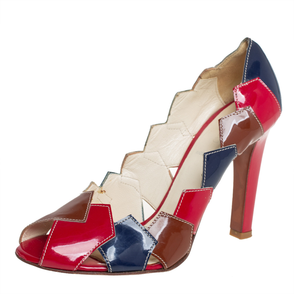 luxury-women-miu-miu-used-shoes-p405797-003 Miu Miu Multicolor Patent Leather Patchwork Peep Toe Pumps Size 36.5