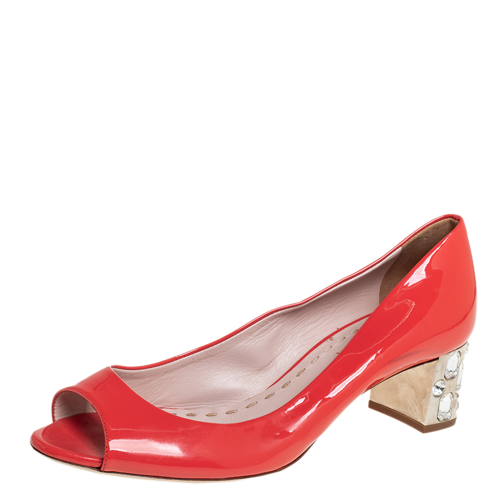 luxury-women-miu-miu-used-shoes-p456833-001 Miu Miu Orange Patent Leather Crystal Embellished Block Heel Peep Toe Pumps Size 38.5