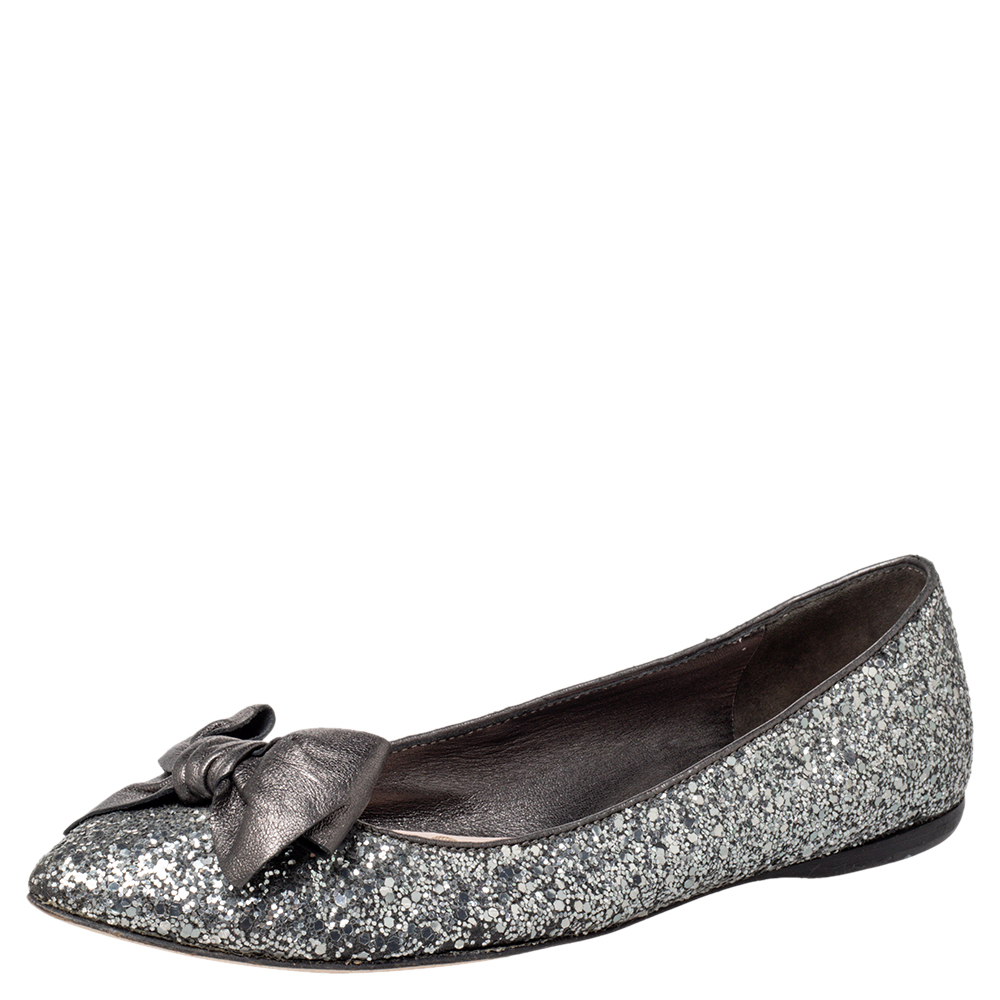 luxury-women-miu-miu-used-shoes-p467044-005 Miu Miu Metallic Grey Glitter Bow Ballet Flats Size 37