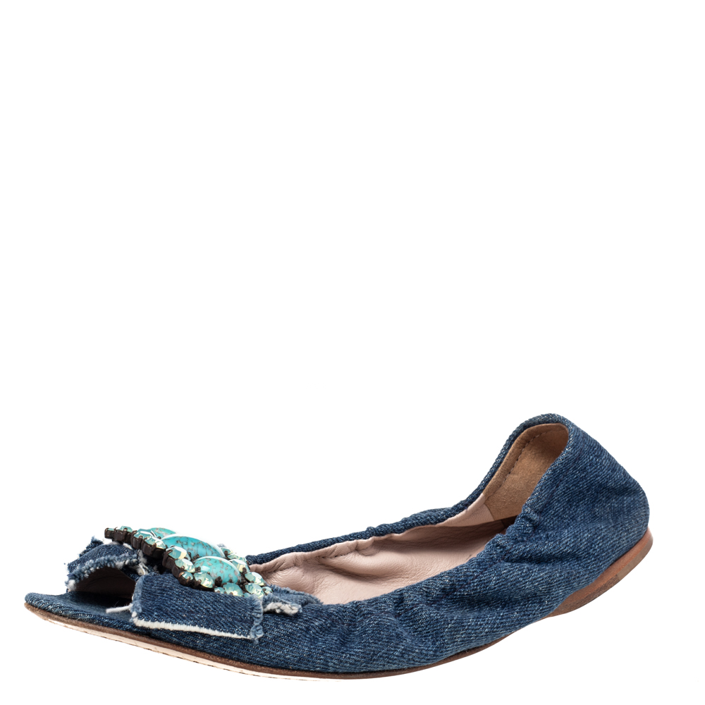 luxury-women-miu-miu-used-shoes-p472044-007 Miu Miu Blue Denim Crystal Embellished Ballet Flats Size 37