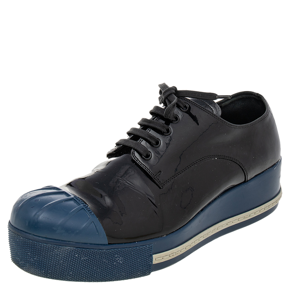 luxury-women-miu-miu-used-shoes-p476492-002 Miu Miu Black/Blue Patent Leather Rubber Cap Toe Platform Sneakers Size 39