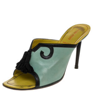 Miu Miu Green/Black Leather Tassel Peep Toe Slide Sandals Size 38.5