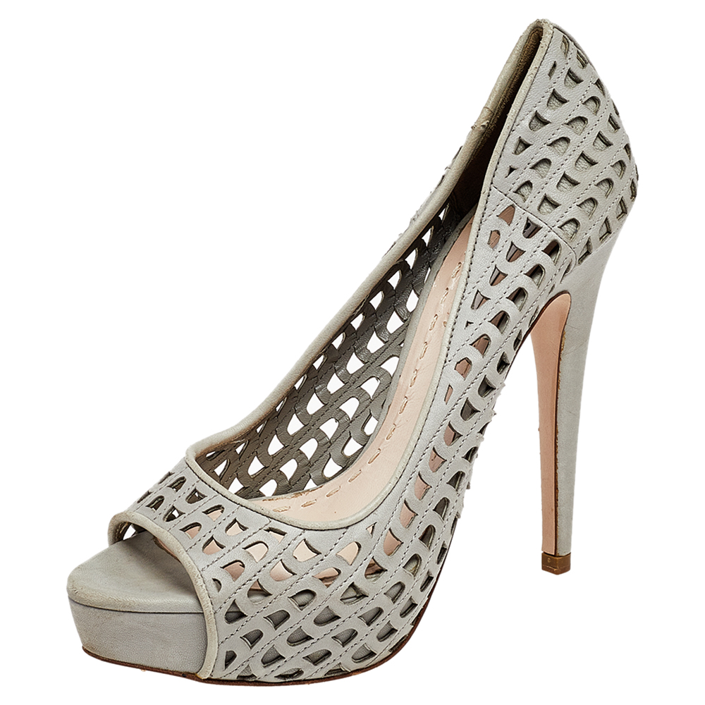 luxury-women-miu-miu-used-shoes-p499745-007 Miu Miu Grey Laser Cut Leather Peep Toe Platform Pumps Size 37
