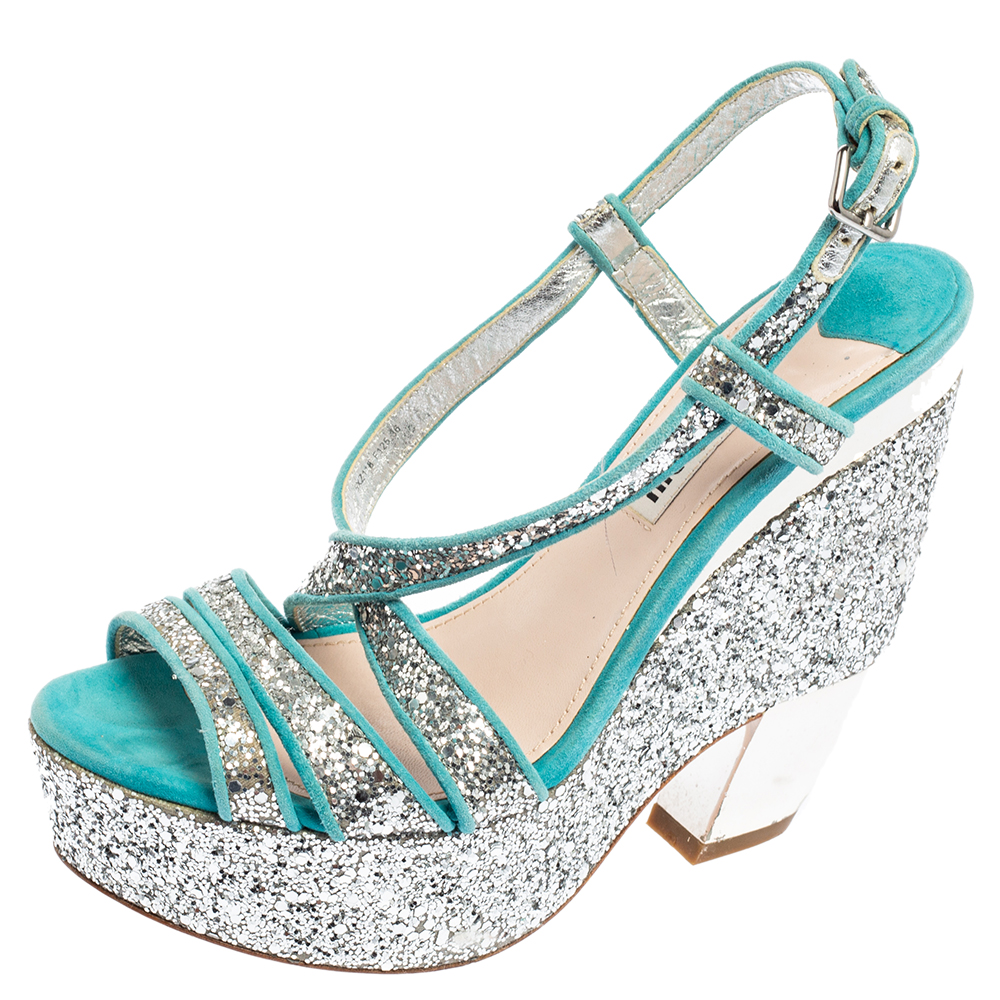 luxury-women-miu-miu-used-shoes-p526409-005-2 Miu Miu Turquoise Suede and Glitter Ankle Strap Platform Sandals Size 36