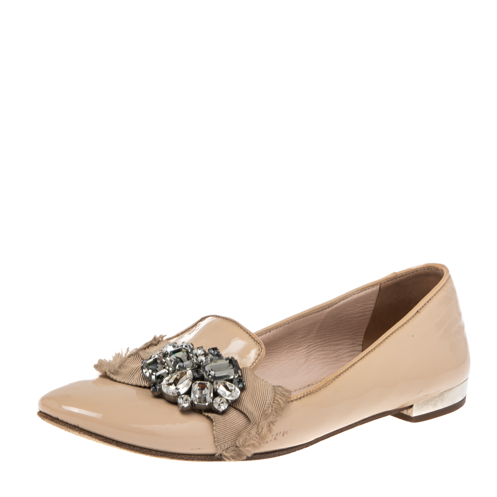 luxury-women-miu-miu-used-shoes-p533195-007-2 Miu Miu Nude Patent Leather Crystals Bow Ballet Flats Size 37