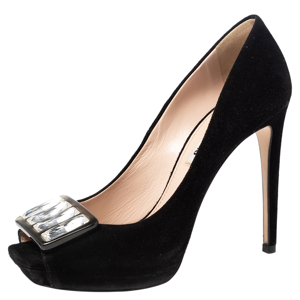 Miu Miu Black Suede Crystal Embellished Peep Toe Platform Pumps Size 37