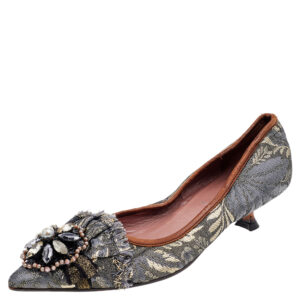 Miu Miu Grey Jacquard Embellished Pointed Toe Pumps Size 36