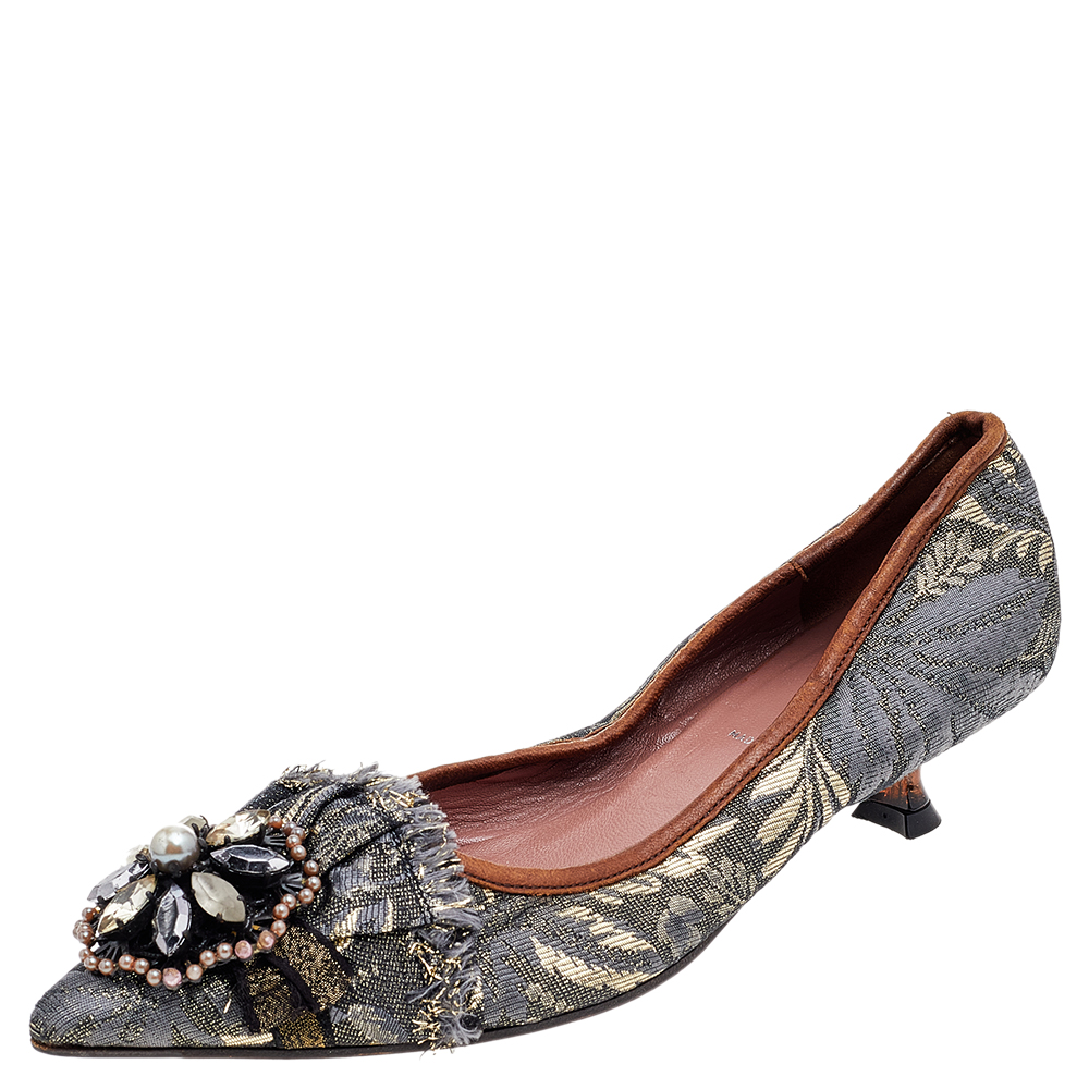 luxury-women-miu-miu-used-shoes-p541265-004-1 Miu Miu Grey Jacquard Embellished Pointed Toe Pumps Size 36