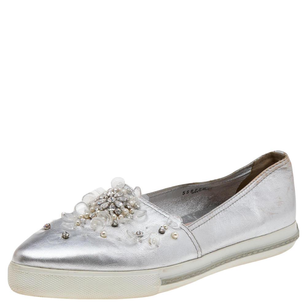 luxury-women-miu-miu-used-shoes-p560265-005-2 Miu Miu Metallic Silver Leather Embellished Pointed Toe Slip On Sneakers Size 40